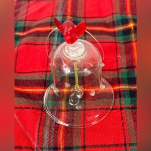 Clear Glass Bell Ornament with red bird on top polka dot glass hanging